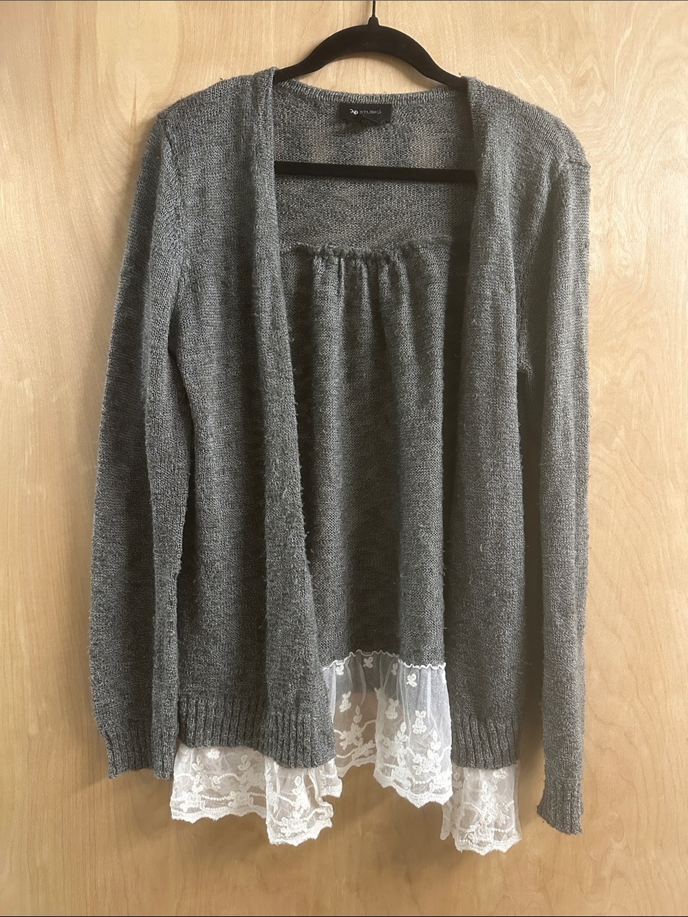 AB Studio Gray Open-Front Cardigan with White Lace Trim